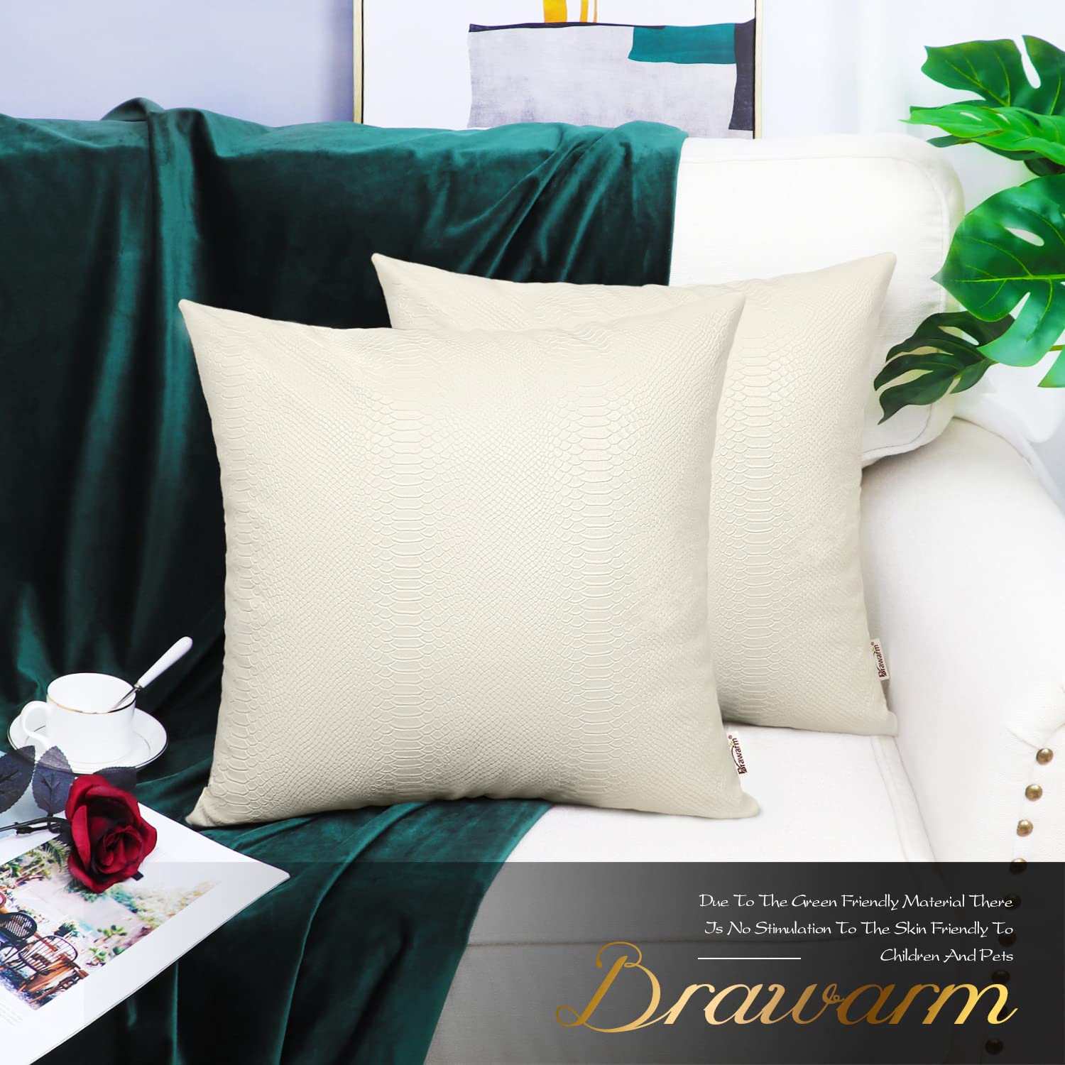Brawarm Ivory White Leather Throw Pillows 18 X 18 Inches, Snake Leather Pillow Covers Pack Of 2, Faux Leather Decorative Pillow